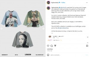 「KNITWRTH」と「Highsnobiety」がコラボした「Not In London」のコレクションのセーター。リベンジ・ドレス姿のダイアナ妃のセーターは完売した（『HIGHSNOBIETY　Instagram「＠knitwrth’s penchant for turning iconic images into statement-making knitwear has gained it an international following that includes celebrities such as Gigi Hadid, Rosalia, Peggy Gou, and more.」』より）
