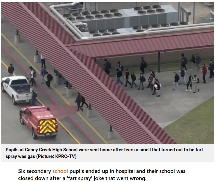 米テキサス州の高校で2023年5月、異臭騒ぎが発生。生徒の1人が「イタズラで悪臭がするスプレーを使った」と告白していた（『Metro　「Student’s fart spray prank shuts down school and leaves six pupils in hospital」（Picture: KPRC-TV）』より）