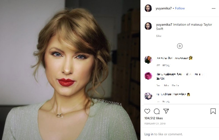 2019年、メイクだけでテイラー・スウィフトに変身する中国在住の女性が話題になった（『YUYAMIKA宇芽　Instagram「Imitation of makeup Taylor Swift」』より）