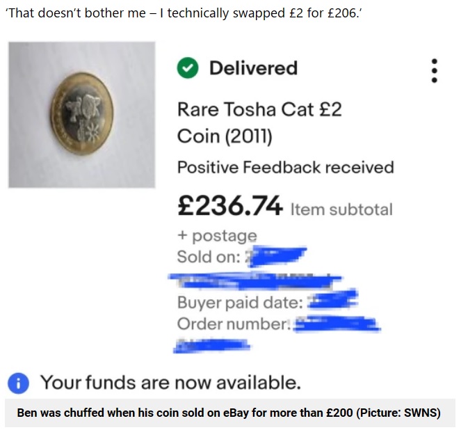 2022年10月、英グレーター・マンチェスター在住の男性が釣り銭の中に見慣れない硬貨を発見。ネットオークションに出品したところ、100倍以上の価格で落札された（画像は『Metro　2023年7月4日付「Dad given rare ￡2 coin in his change sells it on eBay for more than ￡200」（Picture: SWNS）』のスクリーンショット）