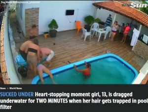 ブラジルのある一軒家で2021年12月、13歳の少女の髪がプールの吸水口に吸い込まれ、危機一髪のところを救出されていた（『The Sun　「SUCKED UNDER Heart-stopping moment girl, 13, is dragged underwater for TWO MINUTES when her hair gets trapped in pool filter」』より）