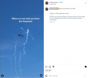 米テキサス州で2023年10月に開催された「F1アメリカ・グランプリ」で撮影用のヘリコプターが打ち上げ花火の直撃を受ける。ヘリコプターはすぐに打ち上げ地点から離れ、無事に飛行を継続していた（『Combat learjet　Instagram「It sounds like it hit metal!」』より）