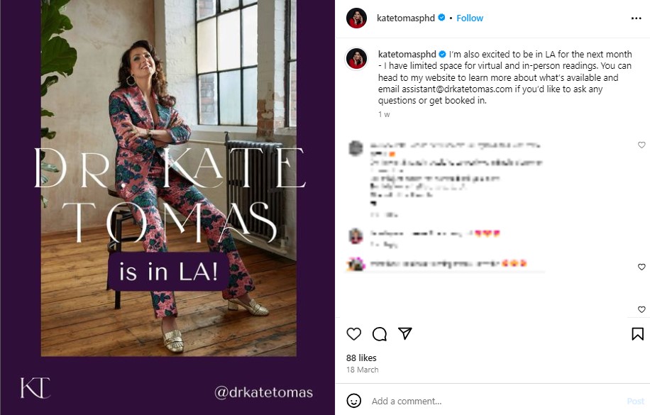 哲学者でスピリチュアル・メンターのケイト・トーマス医師。ロサンゼルスとニューヨーク、ロンドンを拠点に活動している（『DR KATE TOMAS（she /her）　Instagram「I’m also excited to be in LA for the next month」』より）