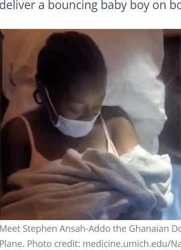 米ユナイテッド航空の機内で2022年1月、女性が突然産気づいた。お産を介助したのは、たまたま搭乗していた米ミシガン大学の皮膚科研修医と看護師だった（『Tuko.co.ke　「Meet Stephen Ansah-Addo: The Ghanaian Doctor who Delivered Baby Boy Onboard Plane to US」（Nancy Adobea Anane）』より）