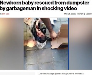 イランの首都テヘラン南部で2022年5月、ゴミ収集箱からレジ袋に入った赤ちゃんが救出された。赤ちゃんは黒い袋にくるまれており、袋を引き裂くと体を動かして反応したという（『New York Post　「Newborn baby rescued from dumpster by garbageman in shocking video」（Newsflash）』より）