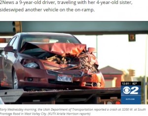 米ユタ州に住む9歳女児が2021年6月、両親の就寝中に車に乗り込み、約16キロの距離を運転したところで事故を起こした。4歳の妹も一緒だったが、姉妹に怪我はなかった（『KUTV　「9-year-old driver, 4-year-old passenger, crash into semi in Utah」（Photo: KUTV）』より）