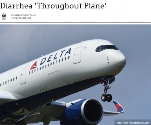 2023年9月、米ジョージア州アトランタからスペインのバルセロナに向けて飛び立ったデルタ航空194便が、乗客の「医療上の問題」により緊急着陸を余儀なくされた（『PYOK　「Delta Air Flight to Barcelona Forced to U-Turn to Atlanta Because a Passenger Suffered Diarrhea ‘Throughout Plane’」（viper-zero / Shutterstock.com）』より）