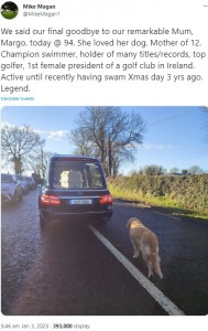 アイルランドで2022年12月、94歳の生涯を閉じた女性。その棺を乗せた霊柩車追いかける飼い犬の姿に多くの人の心を揺さぶっていた（『Mike Magan　X「We said our final goodbye to our remarkable Mum, Margo, today ＠ 94.」』より）