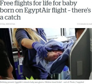 エジプト航空の旅客機内で2020年9月、女性の陣痛が始まり、緊急着陸前に赤ちゃんが誕生した。エジプト航空は翌日、赤ちゃんに一生涯無料の航空券をプレゼントすることをSNSで公表していた（『NZ Herald　「Free flights for life for baby born on EgyptAir flight – there’s a catch」（Photo / Supplied）』より）