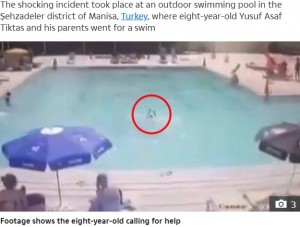 トルコで2021年7月、8歳男児がプールで溺れ助けを求めていたものの誰も気づかず、搬送された病院で死亡していたことが明らかになった。男児は泳ぐことができなかったという（『The Sun　「POOL TRAGEDY Boy, 8, drowns in swimming pool in front of sunbathing parents who fail to spot him frantically waving for help」』より）