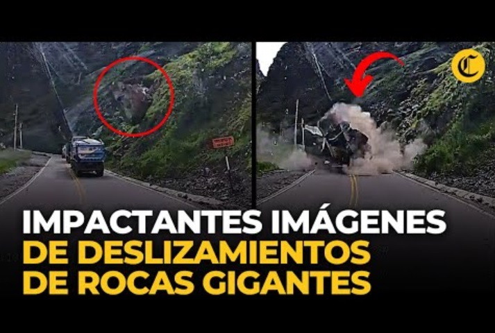 ベルー、リマ県サン・マテオ地区の山道で今月2日朝、落石事故が発生し、巨大な岩がトラックを直撃。運転手は奇跡的に助かっていた（『Diario El Comercio Videos　YouTube「ACCIDENTE EN LA CARRETERA CENTRAL: enormes ROCAS IMPACTAN contra CAMIONES | El Comercio」』より）