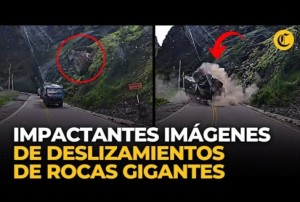 ベルーのある山道で今月、落石事故が発生し、巨大な岩がトラックを直撃。運転手は奇跡的に助かっていた（『Diario El Comercio Videos　YouTube「ACCIDENTE EN LA CARRETERA CENTRAL: enormes ROCAS IMPACTAN contra CAMIONES | El Comercio」』より）