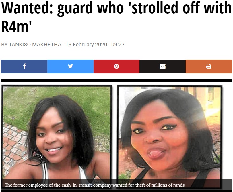 南アフリカの巨大ショッピングモールで2019年7月、現金輸送車に積み込まれる予定の約3千万円が警備員の女によって持ち逃げされていた（『SowetanLIVE　「Wanted: guard who ‘strolled off with R4m’」』より）