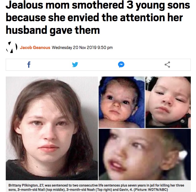 米オハイオ州で2014年7月から2015年8月の間に3人の幼い息子を殺害した27歳の母親。「夫が3人の息子にしか関心がない」と嫉妬から犯行に及んだことを話していた（『Metro　「Jealous mom smothered 3 young sons because she envied the attention her husband gave them」（Picture: WDTN/ABC）』より）