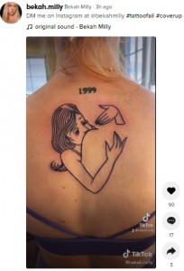 アメリカ在住の女性が2021年8月、TikTokに投稿した“天使”をイメージしたというタトゥーが「卑猥なデザインにしか見えない」と話題になっていた（『Bekah Milly　TikTok「DM me on Instagram at ＠bekahmilly」』より）