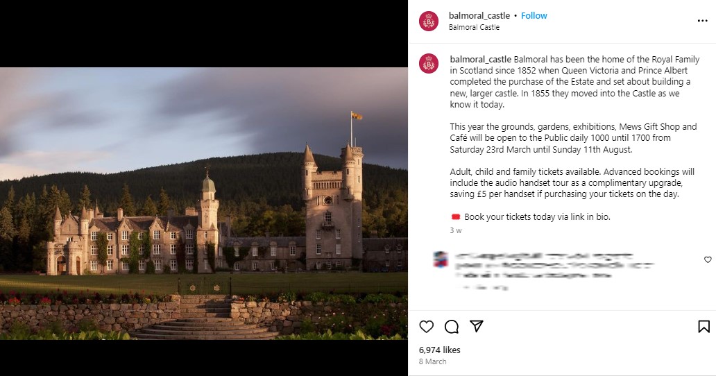 スコットランドにあるバルモラル城。毎年王室メンバーが夏の休暇を過ごし、生前のエリザベス女王が愛した場所として知られている（『Balmoral Castle　Instagram「Balmoral has been the home of the Royal Family in Scotland since 1852」』より）