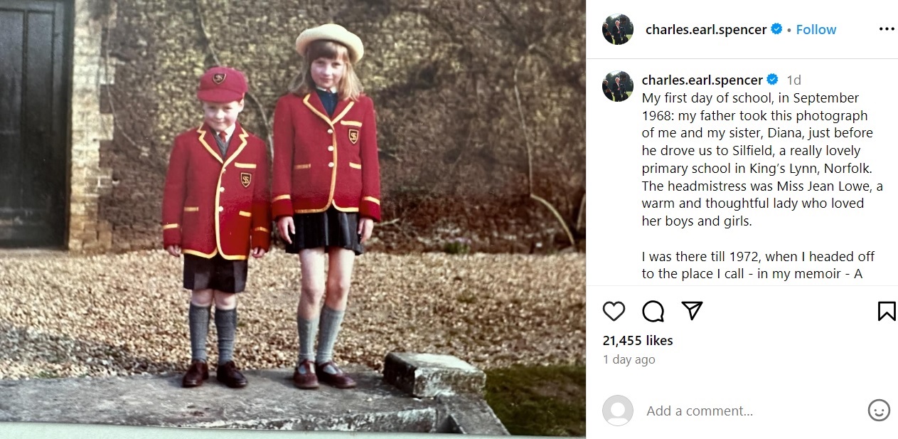 小学校の初登校日、制服を着て並ぶ幼いチャールズ氏とダイアナ妃（『Charles Spencer　Instagram「My first day of school, in September 1968:」』より）