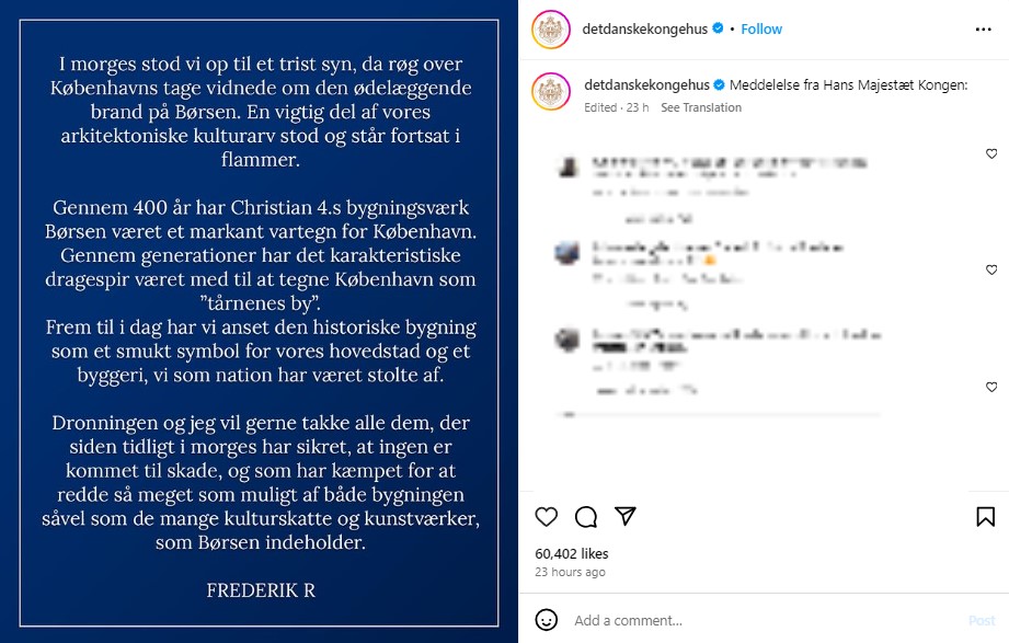 フレデリック国王による署名入りの声明文。16日に発生した旧証券取引所の大火災に対する悲しみを述べた（『DET DANSKE KONGEHUS　Instagram「Meddelelse fra Hans Majestæt Kongen:」』より）