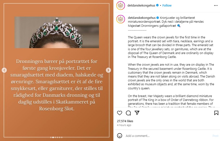 メアリー王妃が着けたエメラルドのティアラ。デンマーク王室メンバーが所有したエメラルドが配された（『DET DANSKE KONGEHUS　Instagram「Kronjuveler og brillanteret miniatureordensportræt.」』より）