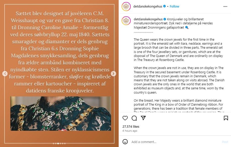 ティアラとセットで作られた、エメラルドのネックレス。美しいエメラルドとダイヤモンドが配されている（『DET DANSKE KONGEHUS　Instagram「Kronjuveler og brillanteret miniatureordensportræt.」』より）