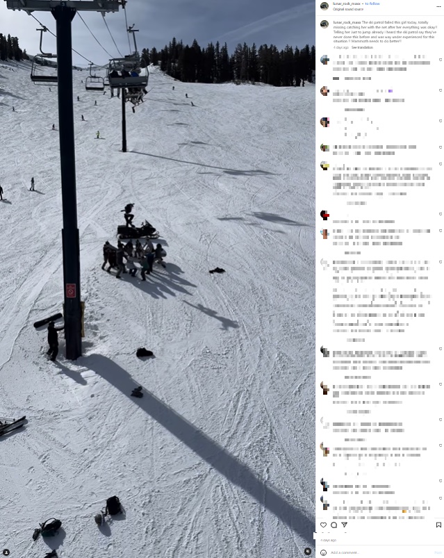 米カリフォルニア州のスキー場で今年1月、リフトに乗っていたスノーボーダーの少女（16）が座席から転落した（『Max　Instagram「The ski patrol failed this girl today」』より）