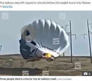 ジョージアで今年2月、強風に煽られた熱気球が高圧電線と接触し、乗っていた3人全員が死亡した。事故はカメラが捉えており、コントロールを失った熱気球が傾いて火を噴いていた（『The Sun　「BALLOON DISASTER Horror moment hot air balloon crash leaves 3 dead after being blown by wind into high voltage powerlines」（Credit: East2West）』より）