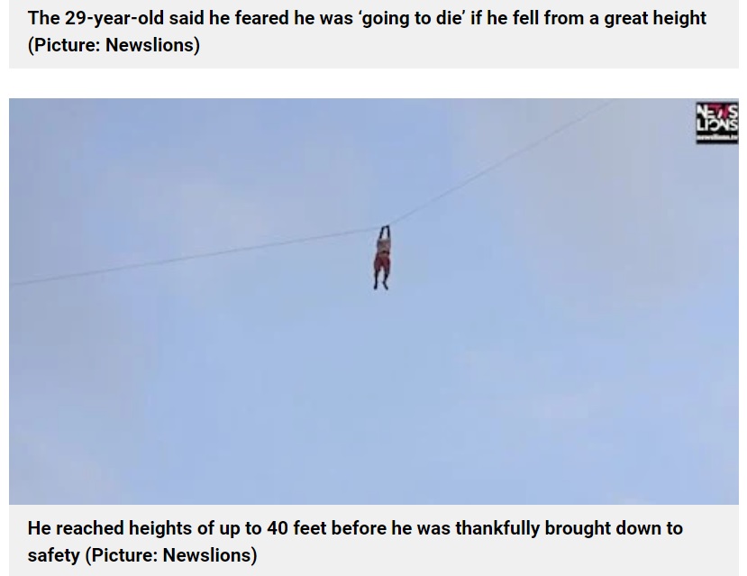 スリランカで2021年12月、複数人で凧揚げを行っている際に強風が吹き、1人の男性が凧とともに地上12メートルまで舞い上がった。男性は打撲程度のケガで済んだという（『Metro.co.uk　「Kite flyer whisked 40ft into the air by strong gust of wind」（Picture: Newslions）』より）