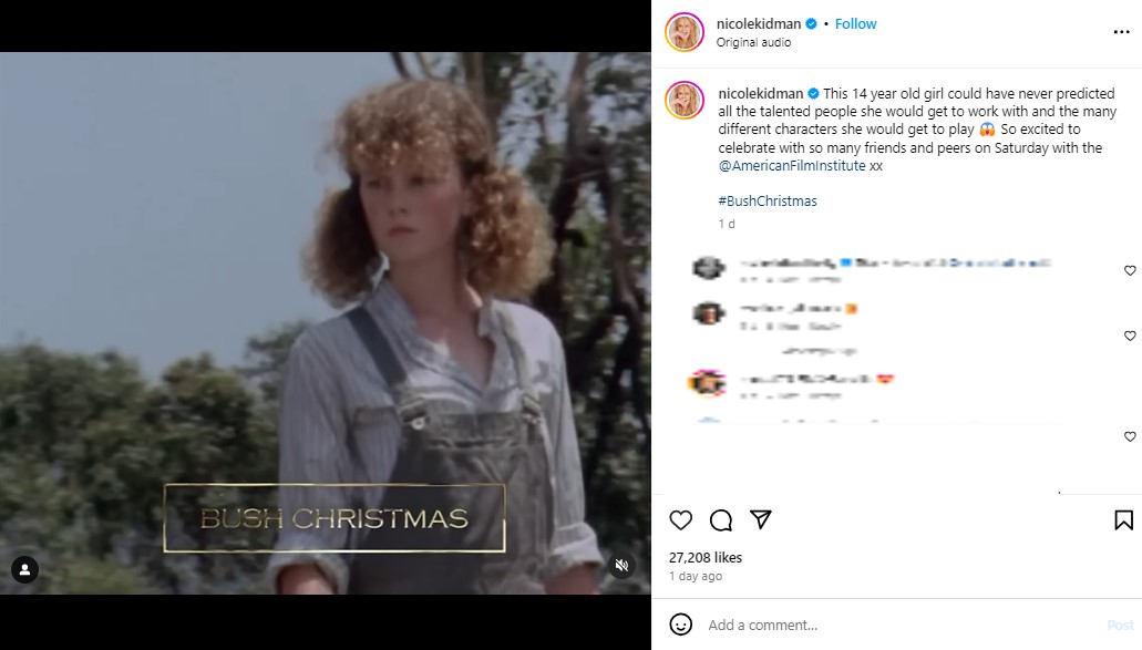 真剣な表情で演技をするニコール。地毛のスパイラルカールは、両サイドで結んでいる（『Nicole Kidman　Instagram「This 14 year old girl could have never predicted all the talented people she would get to work with and the many different characters she would get to play」』より）