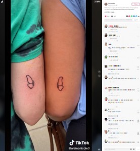 TikTokerが友人と蝶のペアタトゥーをしたところ、その卑猥な仕上がりに涙。2022年8月の投稿で事の顛末を明かしていた（『Anicole　TikTok「When you try to get cute matching bestie tattoos」』より）