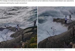 米カリフォルニア州のビーチで2020年、結婚写真を撮影中のカップルが大波にのまれる。「なぜ岩場で撮影をしていたのか」と非難の声があがった（『Yahoo News Australia　「Terrifying moment couple swept away while posing for wedding photos」（Source: Instagram/＠abcnews）』より）
