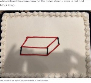 2023年4月、Redditに投稿されたコストコで特別注文したという“勘違いケーキ”。「赤で縁取りだけして！」と注文していたという（『7NEWS Australia　「Costco’s ‘hilarious’ cake fail leaves the internet in stitches」（Credit: Reddit）』より）