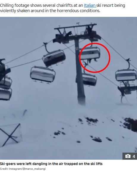 イタリアのスキー場で今年3月、時速100キロの非常に強い風が吹き、スキー客数名が乗ったままリフトの運行が停止された。座席が振り子のように揺れる様子をカメラが捉えていた（『The Sun　「CABLE HORROR Terrifying moment ski-goers cling on for dear life as 60mph winds violently toss Italy cable car from side to side」（Credit: Instagram/＠marco_malcangi）』より）