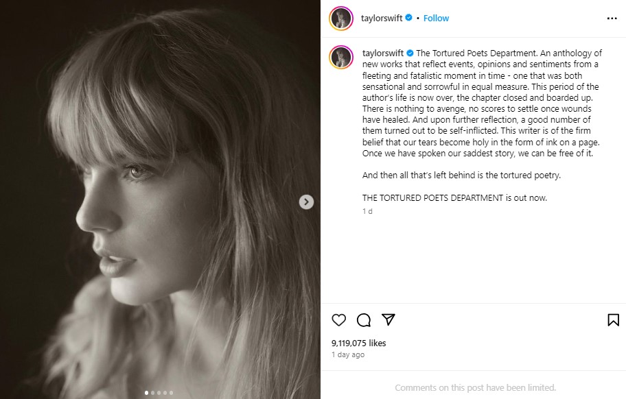 新アルバム『ザ・トーチャード・ポエッツ・デパートメント』をリリースしたテイラー。「はかなくも宿命的な瞬間の出来事、意見、感情を反映した新作のアンソロジー」と説明した（『Taylor Swift　Instagram「The Tortured Poets Department.」』より）