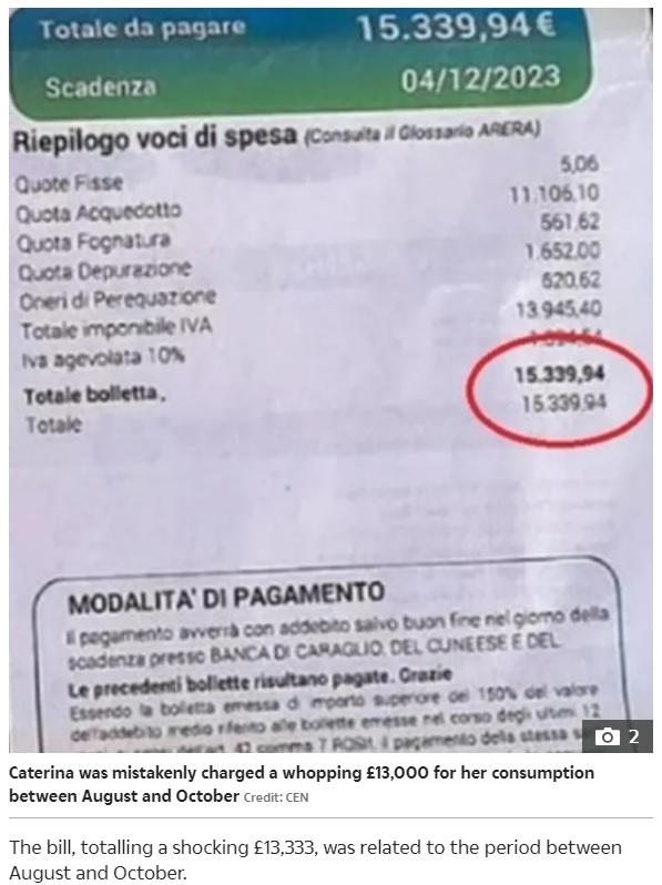 イタリアで2023年11月、約240万円の水道代を請求された88歳の女性がショックを受けて倒れた。のちに検針ミスが判明したという（『The US Sun　「BILL SHOCK Gran, 88, dies after suffering heart attack when water company took ￡7,000 from her bank - and demanded even more cash」（Credit: CEN）』より）