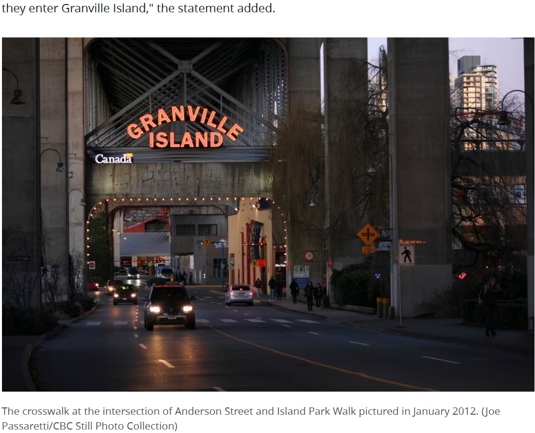 アンダーソン・ストリートとアイランド・パーク・ウォークの交差点にある横断歩道（『CBC.ca　「Granville Island crosswalk users urged to pick up a brick」（Joe Passaretti/CBC Still Photo Collection）』より）