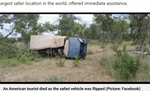 雄ゾウによって横転したサファリカー。この事故で80歳の女性が死亡、1人が重傷を負って入院、4人が軽傷を負った（『Metro.co.uk　「Terrifying moment elephant charges at tourists as safari truck driver suddenly stops」（Picture: Facebook）』より）