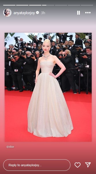 映画『マッドマックス：フュリオサ』のプレミア上映会に出席したアニャ。レッドカーペットでは美しいドレス姿を披露した（『Anya Taylor-Joy　Instagram』より）