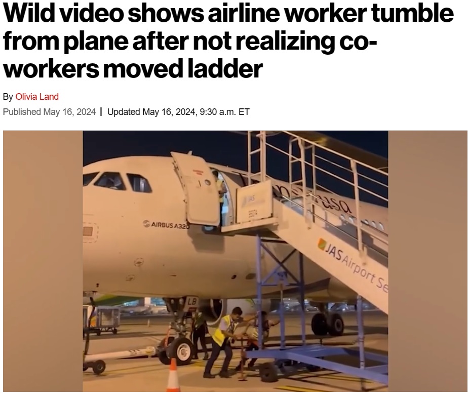 離陸に向けて機内で準備を行っていた職員が外に出ようとした時、そこにあるはずの可動式階段が動かされていた（『New York Post　「Wild video shows airline worker tumble from plane after not realizing co-workers moved ladder」』より）