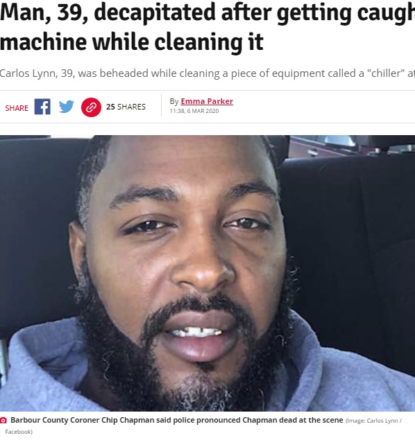 2020年3月、米アラバマ州の鶏肉加工工場で命を落とした男性。機械の清掃中に頭を巻き込まれてしまったという（『The Daily Star　「Man, 39, decapitated after getting caught in chicken machine while cleaning it」（Image: Carlos Lynn / Facebook）』より）