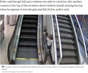 米ノースカロライナ州の国際空港で2019年、3歳児が手荷物受取所近くのエスカレーターから転落死した。監視カメラの映像により、エスカレーター付近に子供だけで約1時間も遊んでいたことが判明した（『ABC News　「New details in death of 3-year-old who fell from airport escalator」（Charlotte Douglas International Airport）』より）