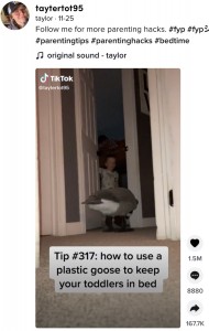 TikTokユーザーの女性が2021年11月に投稿した動画が話題に。女性は夜中にベッドから抜け出す幼い息子に対処するため、部屋の外に大きなプラスチック製のガチョウを置いていた（『taylor　TikTok「Follow me for more parenting hacks.」』より）