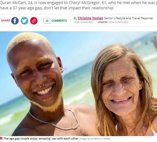 2021年7月、当時24歳のクルアーンさんが61歳のシェリルさんにプロポーズした（『The Daily Star　「Gran, 61, engaged to 24-year-old describes ‘amazing’ sex life with toyboy lover」（Image: Quran McCain / SWNS）』より）