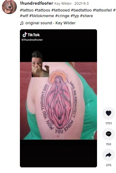 米カリフォルニア州に住むTikTokerが2021年9月、「これまでで見た中で最悪のタトゥーの1つ」と投稿した“聖母マリア”。ピンクに色づけされたローブが楕円形のデザインのためか、他のものに見えてしまうようだ（『Kay Wilder　TikTok「＃tattoo ＃tattoos」』より）