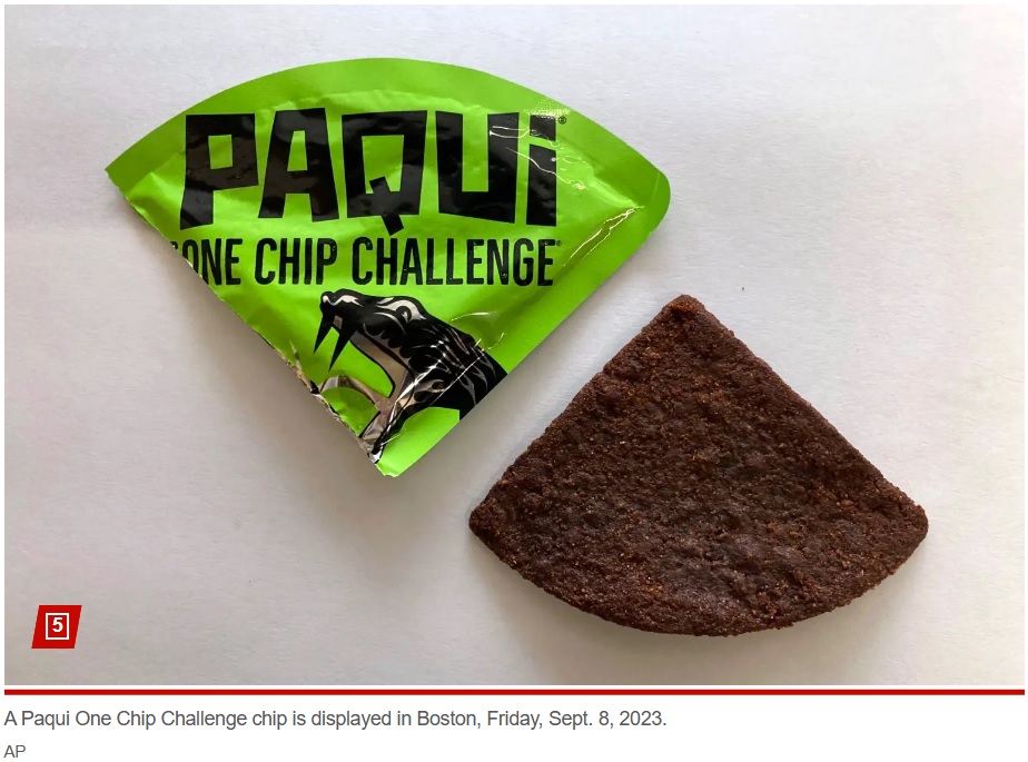 ワン・チップ・チャレンジに使われた激辛トルティーヤチップス。過去に「世界一辛い」としてギネスに登録された唐辛子が使用されていた（『New York Post　「Teen dead after Paqui ‘One Chip Challenge’ chip died of high chili consumption and heart defect: autopsy」（AP）』より）