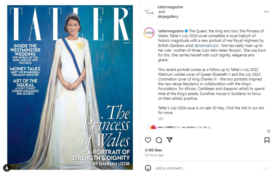 英誌『Tatler』が公開したキャサリン皇太子妃の肖像画。王室ファンからは「ひどすぎる」「まったく似ていない」といった声が届いた（『Tatler　Instagram「The Queen, the King and now, the Princess of Wales:」』より）