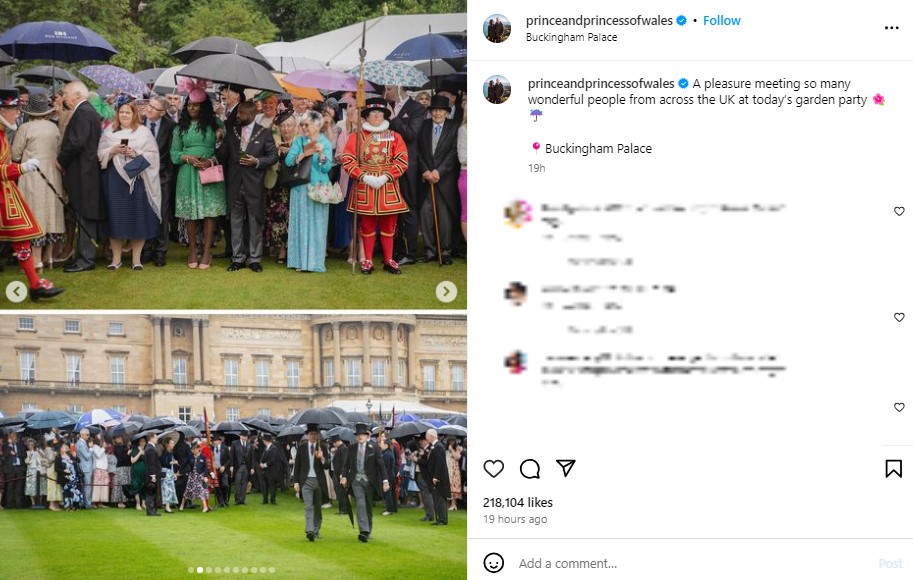 バッキンガム宮殿の庭に集まった招待客。慈善団体や軍隊の関係者を含む約8000人が招待された（『The Prince and Princess of Wales　Instagram「A pleasure meeting so many wonderful people from across the UK at today’s garden party」』より）