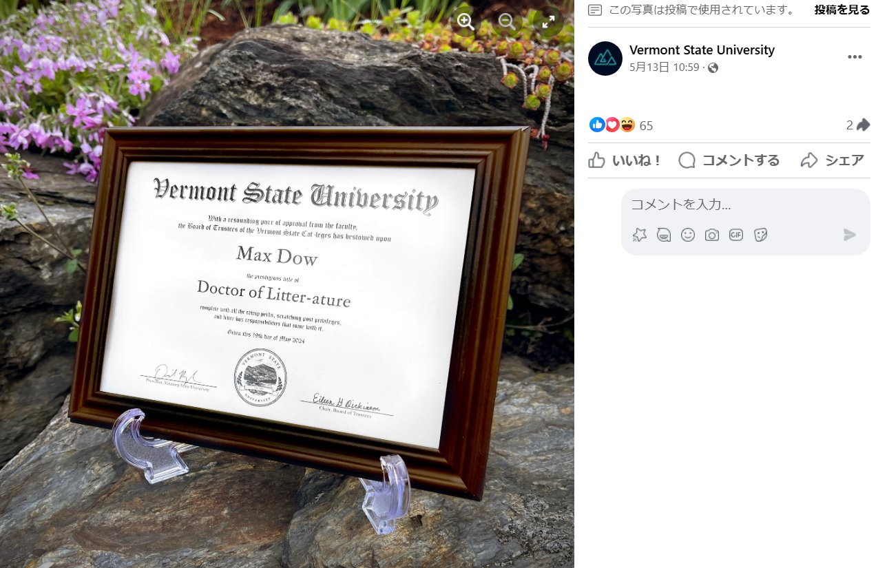長きにわたって学生や教職員を癒してきた猫のマックスに、大学は博士号の学位を授与することに（画像は『Vermont State University　Facebook「Commencement is this weekend!」』より）