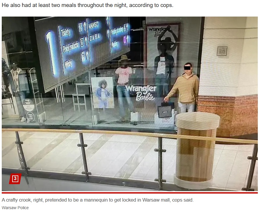 ポーランドのワルシャワ警察が2023年10月に公表した強盗犯の写真。犯人は閉店間際のショッピングモールでマネキンに扮していた（『New York Post　「Freeze! Polish crook pretended to be a mannequin to get locked in mall for an all-night crime spree: cops」（Warsaw Police）』より）