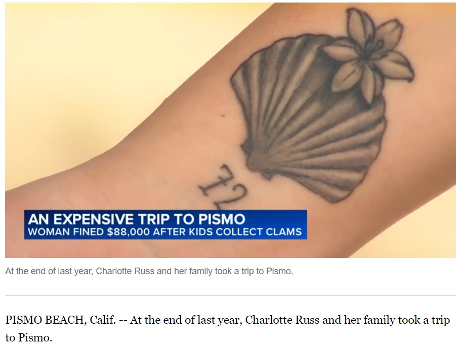 高い勉強代になってしまったが、子どもたちは海でのルールを学ぶことができた。シャーロットさんは今回の件を教訓にするため、腕に貝のタトゥーを入れた（『New York Post　「Mom fined ＄88K after kids collect 72 clams from California beach thinking they were seashells: ‘Ruined our trip’」』）