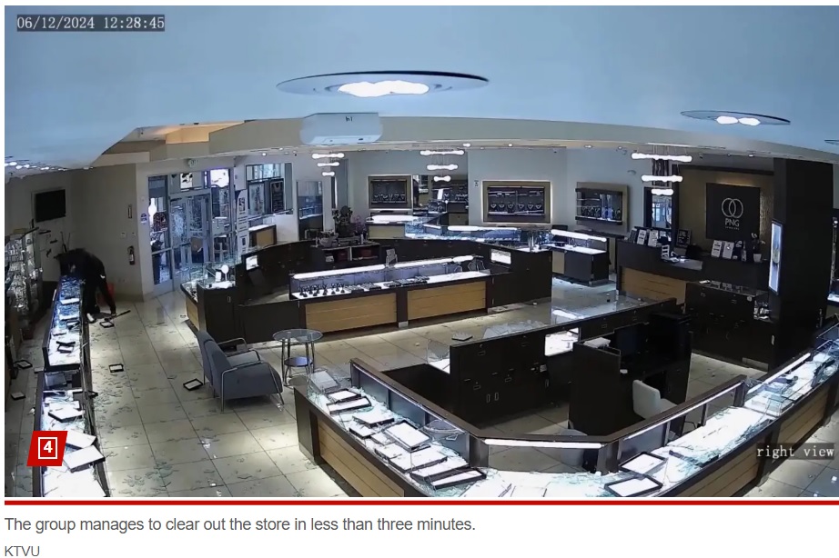 わずか3分の間に店内は壊滅状態となり、ほとんどすべての商品が盗まれ、店は空っぽとなってしまった（『New York Post　「Shocking video shows moment gang of thieves smash into California jewelry store」（KTVU）』より）
